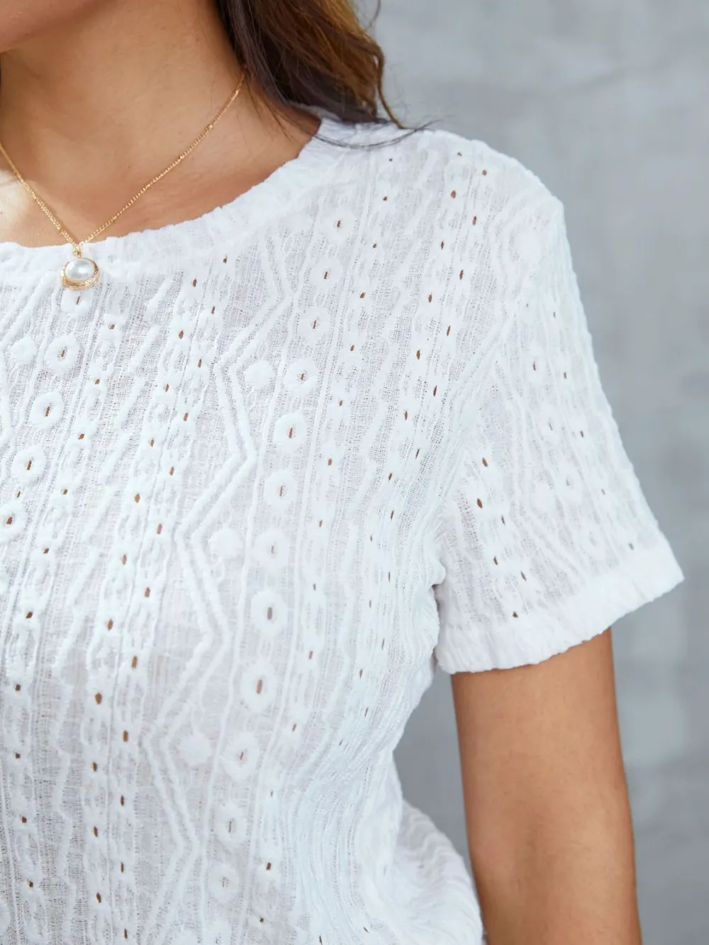 Openwork Short Sleeve Round Neck Top, image 4