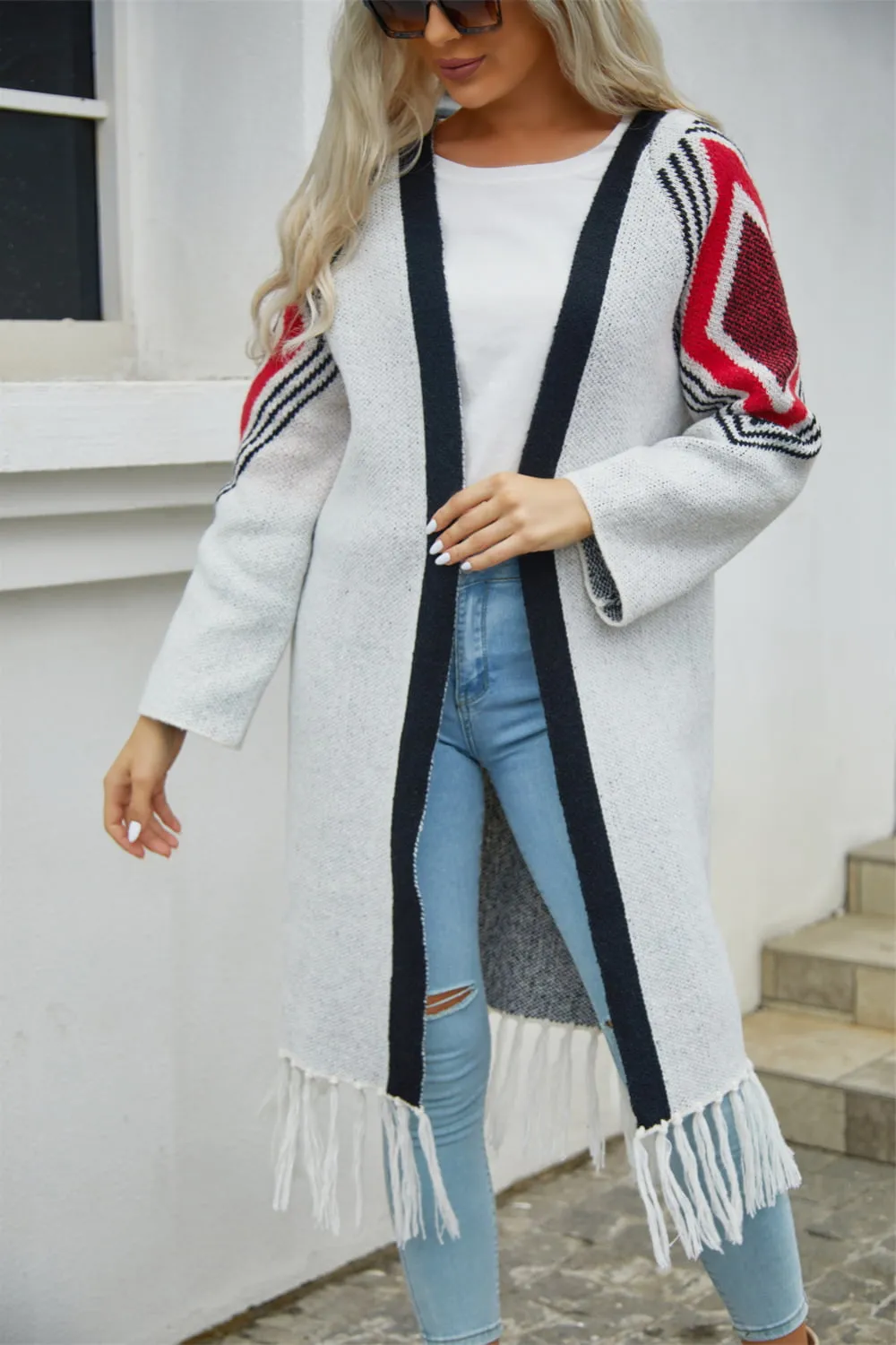 Geometric Fringe Hem Open Front Duster Cardigan, image 13