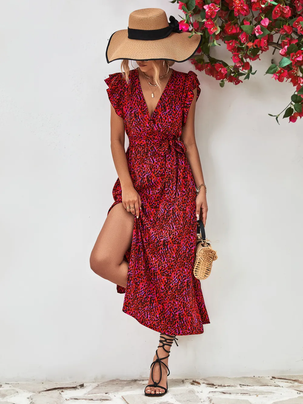 Printed Surplice Neck Flutter Sleeve Slit Dress, image 13