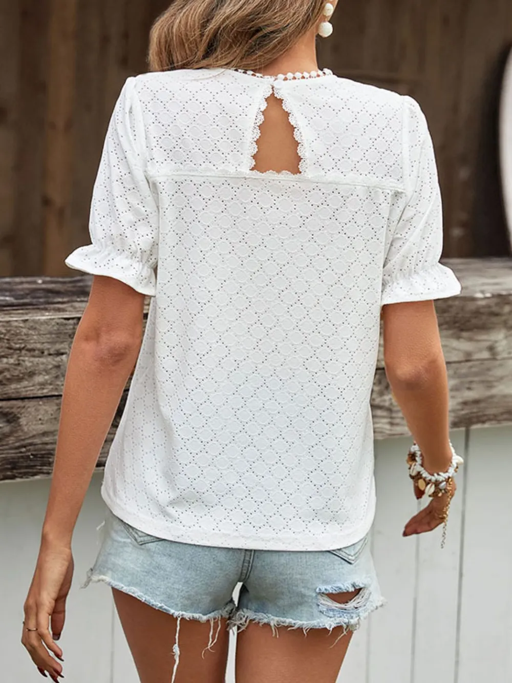 Pom Pom Detail Openwork Flounce Sleeve Blouse, image 2
