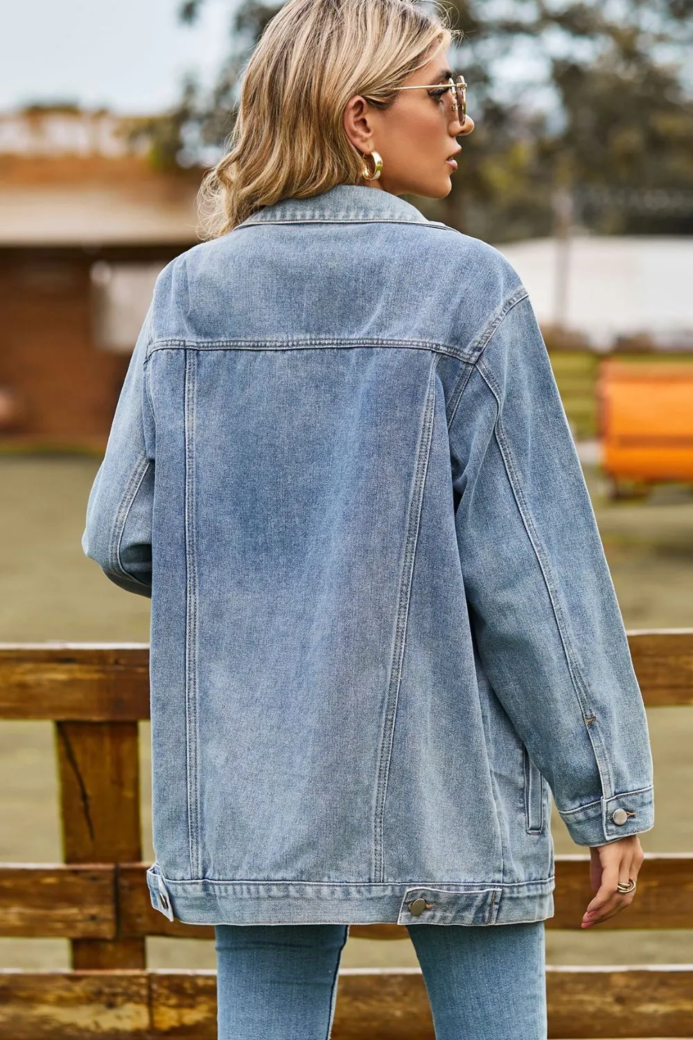 Buttoned Collared Neck Denim Jacket with Pockets, image 16