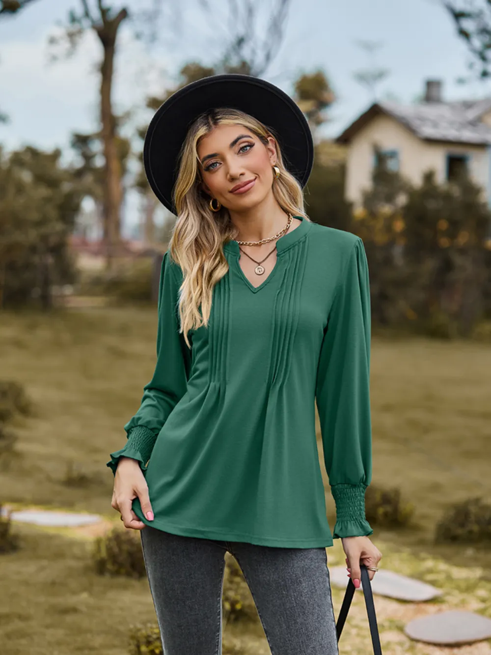 Notched Neck Flounce Sleeve Blouse, image 16