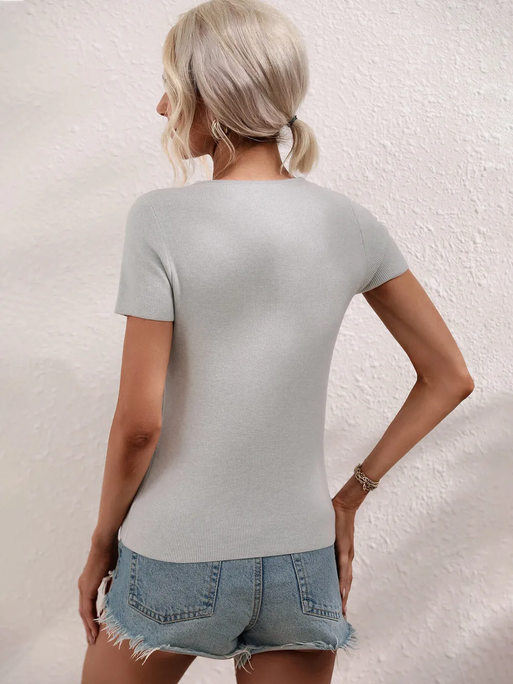 Cutout Round Neck Short Sleeve Knit Top, image 12