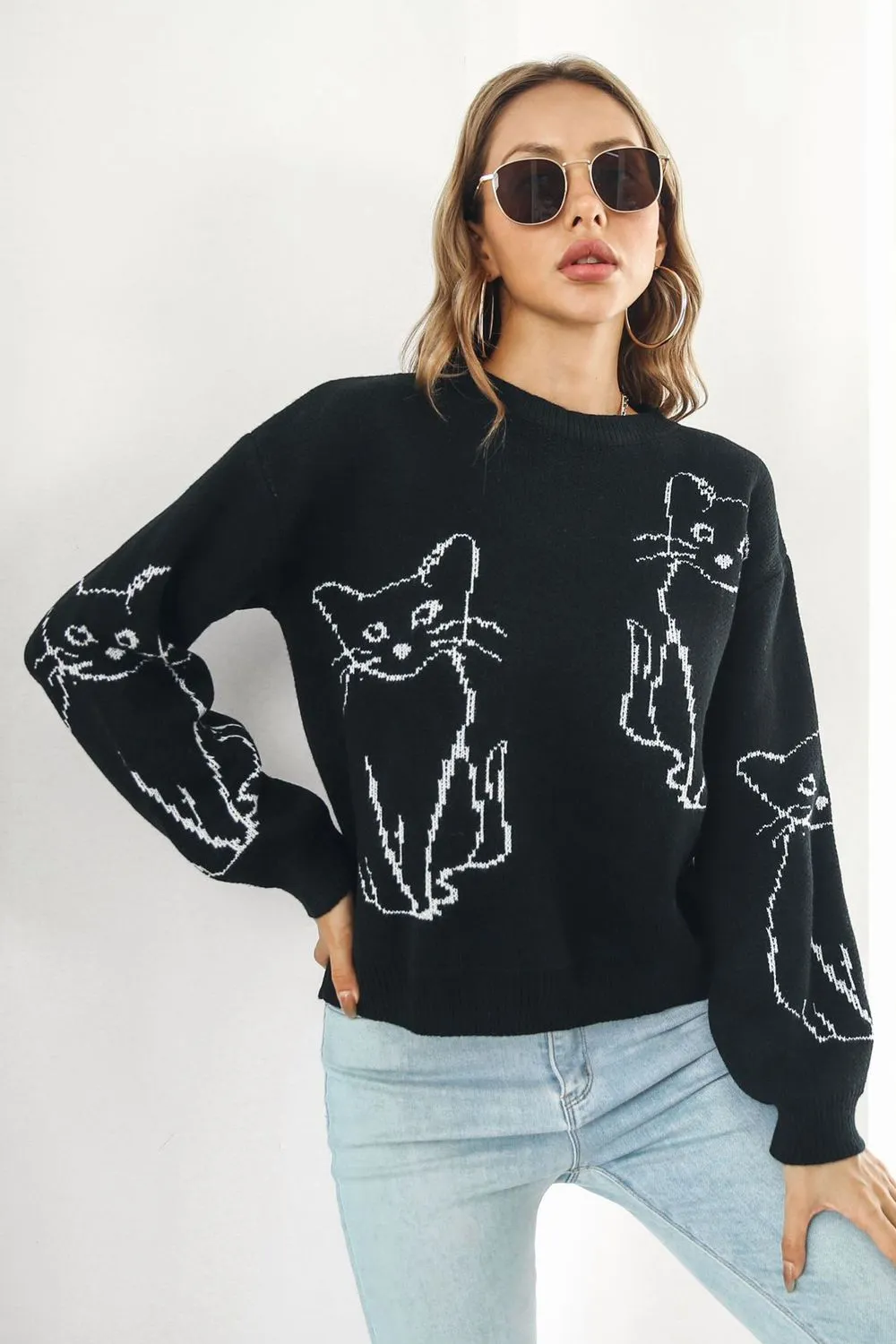 Cat Pattern Round Neck Long Sleeve Pullover Sweater, image 3