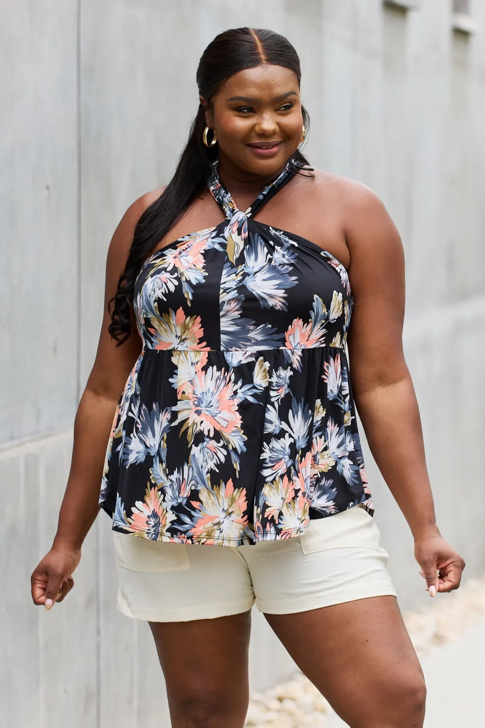 Full Size Floral Halter Top in Black, image 7