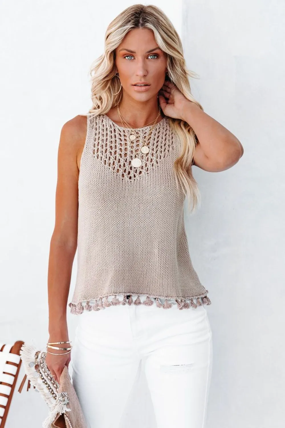 Openwork Tassel Hem Knit Tank, image 9