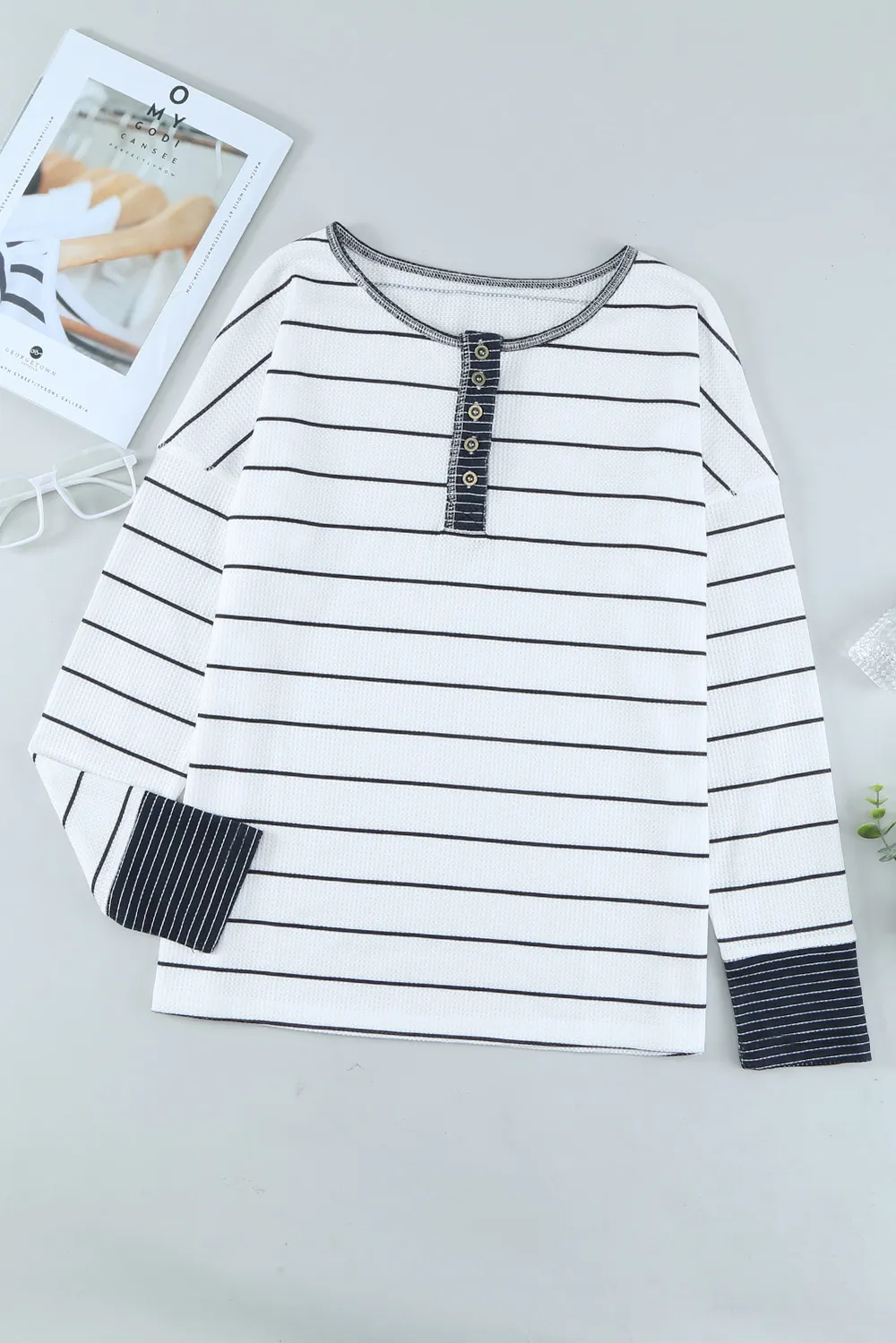 Striped Waffle Knit Henley Long Sleeve Top, image 9