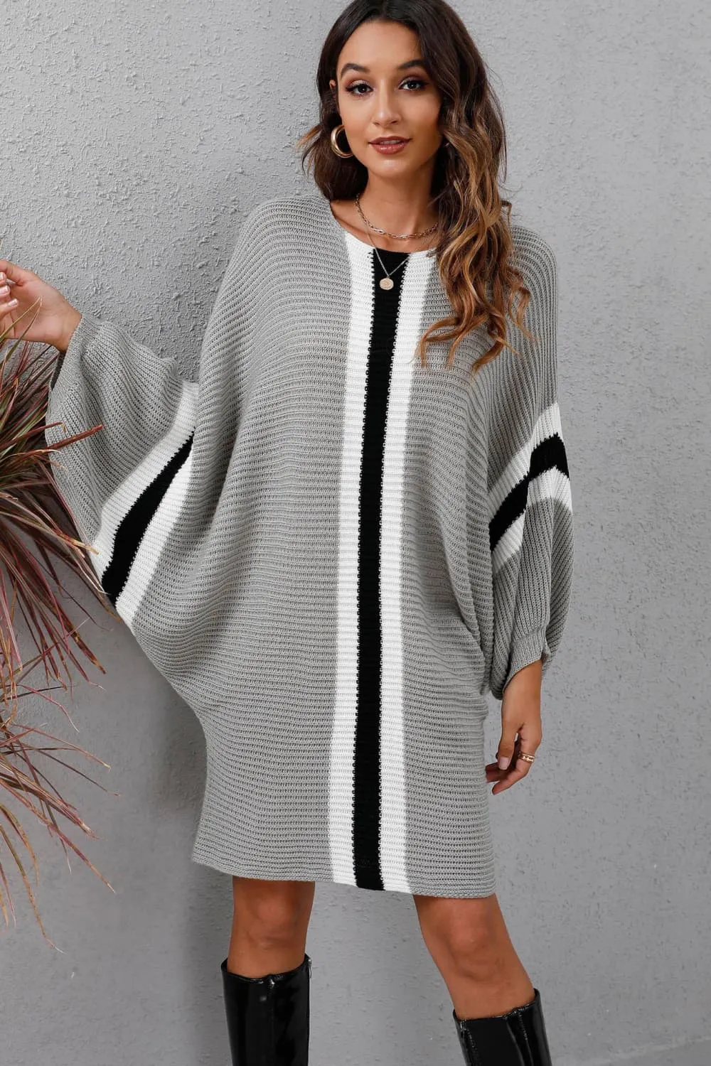 Ribbed Round Neck Long Sleeve Sweater Dress, image 4