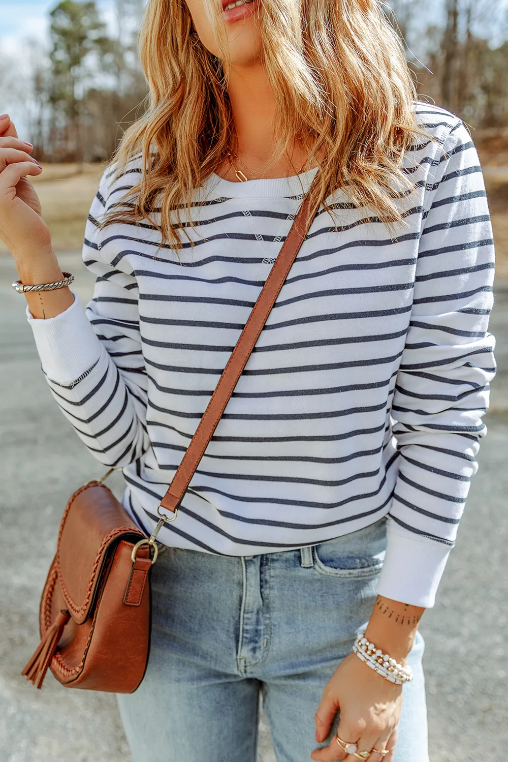 Striped Long Sleeve Round Neck Top, image 8