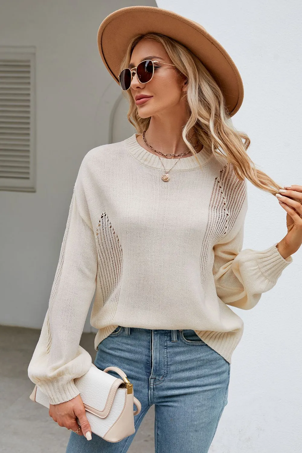 Openwork Round Neck Dropped Shoulder Knit Top, image 14