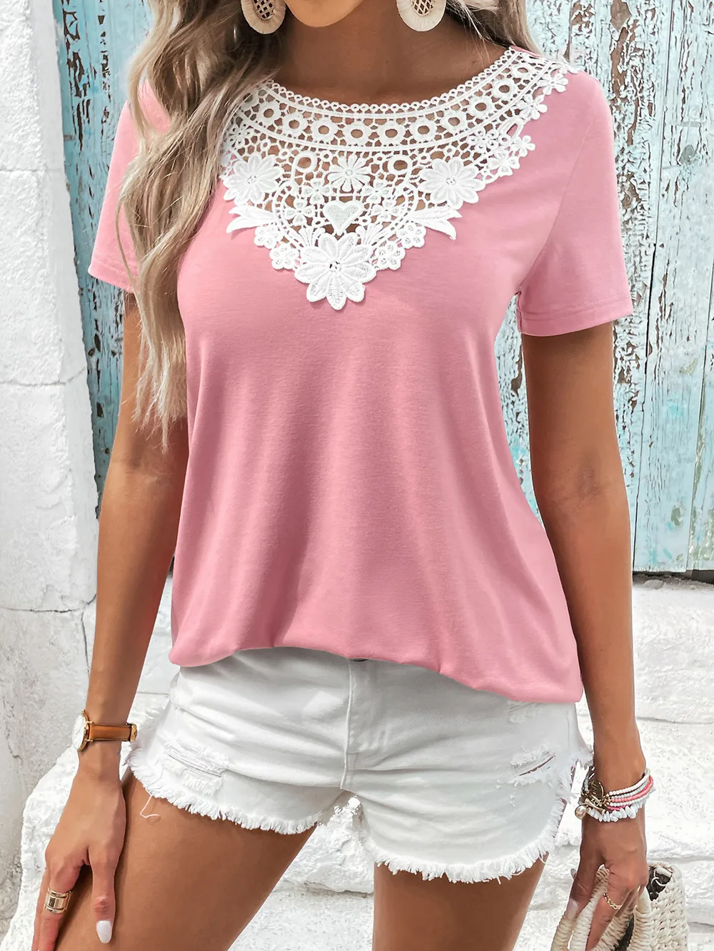 Spliced Lace Contrast Short Sleeve Top, image 4