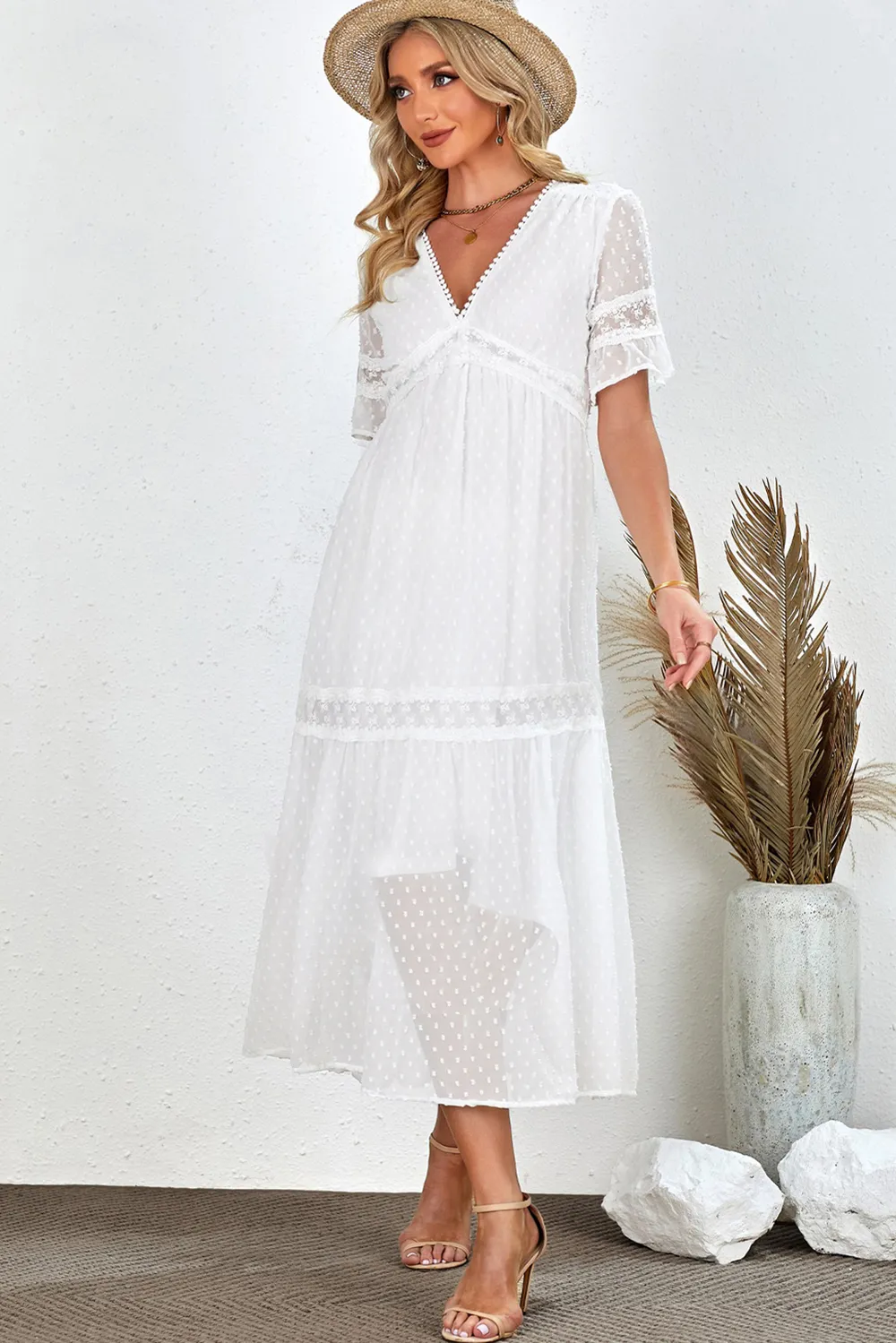 Swiss Dot V-Neck Short Sleeve Midi Dress, image 5
