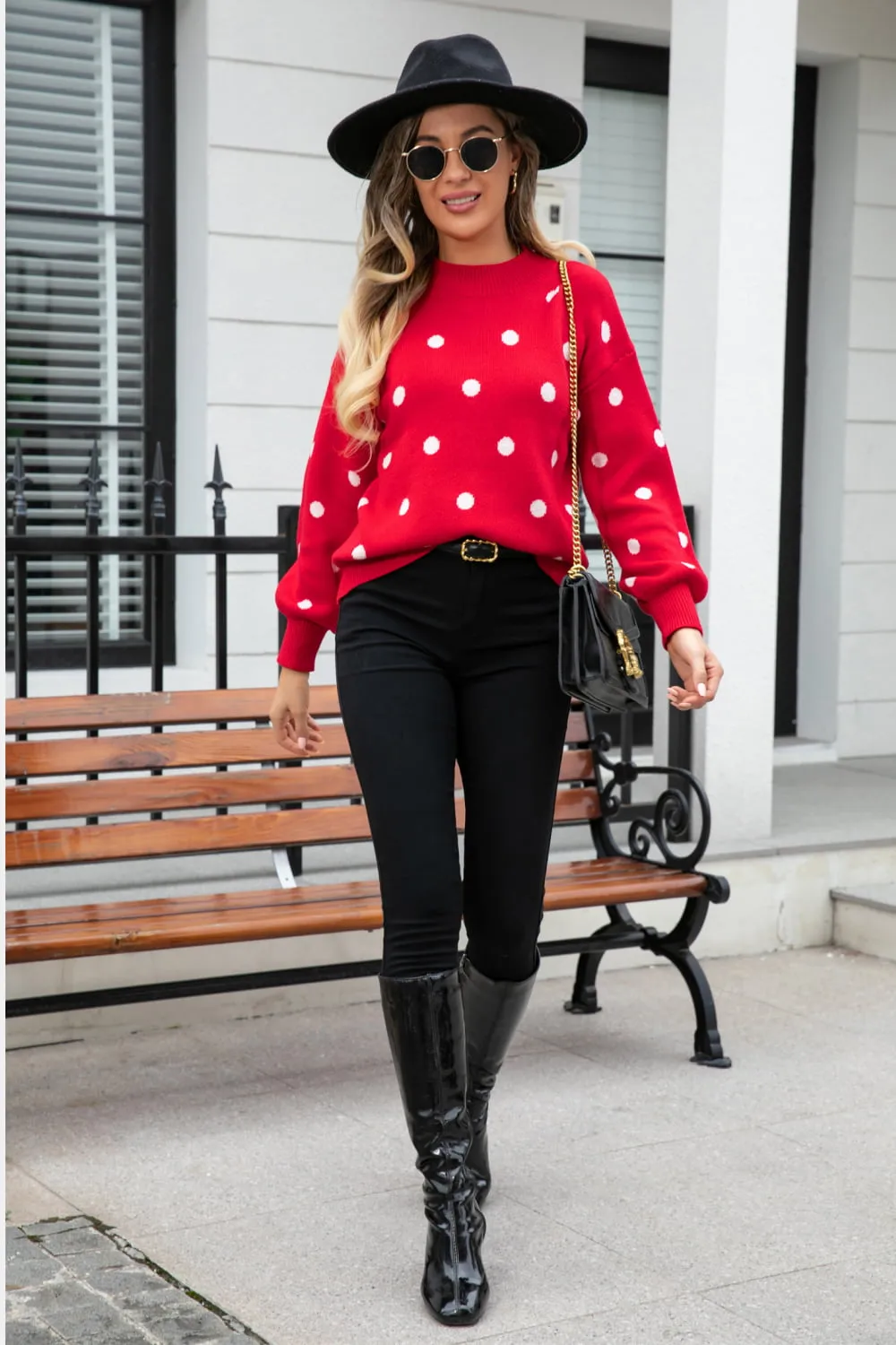 Polka Dot Round Neck Dropped Shoulder Sweater, image 16