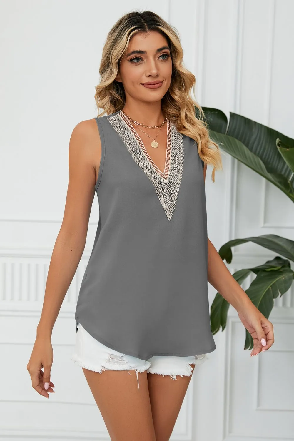 Contrast Trim Plunge Sleeveless Blouse, image 20