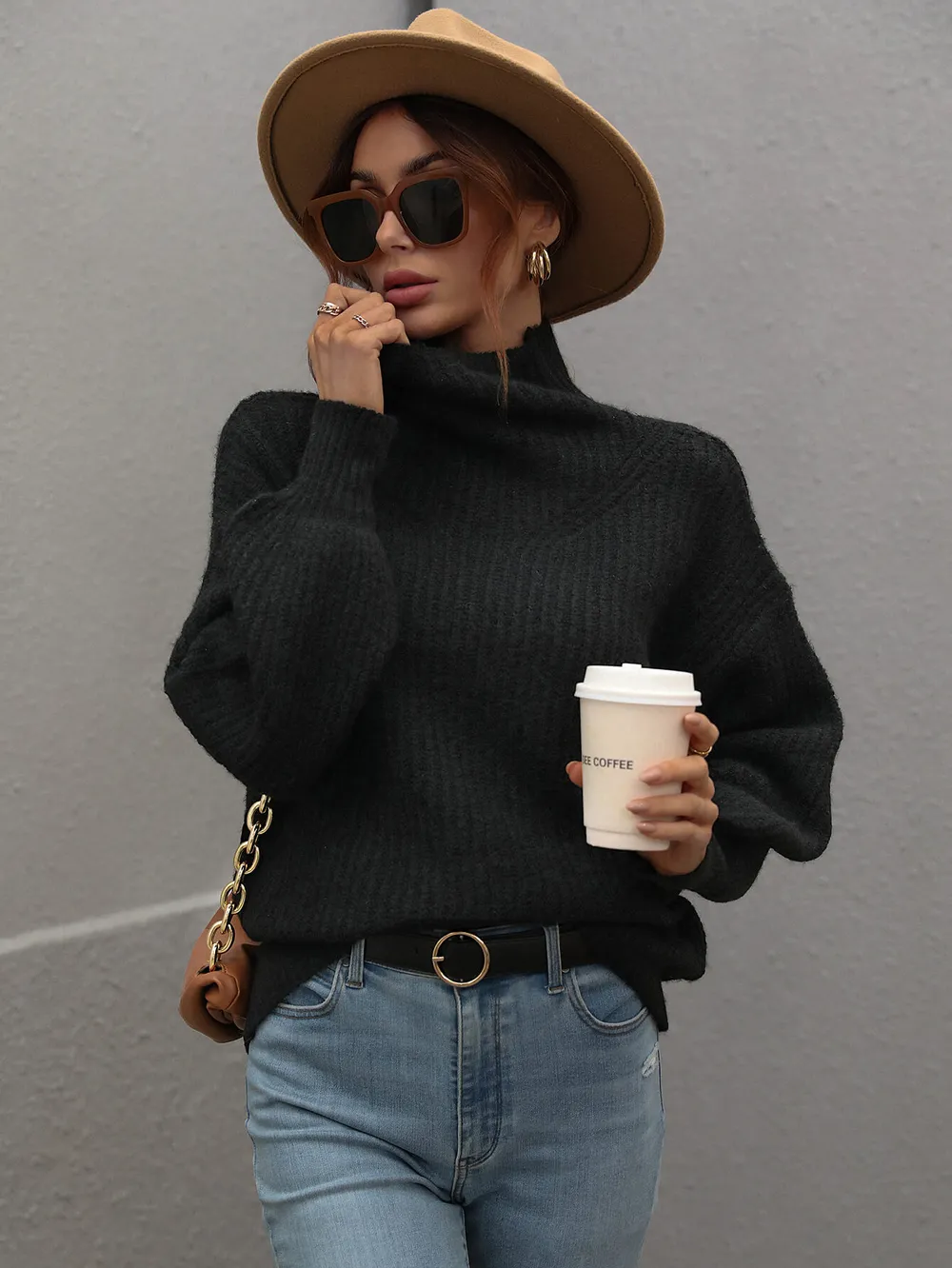 High Neck Balloon Sleeve Rib-Knit Pullover Sweater, image 19