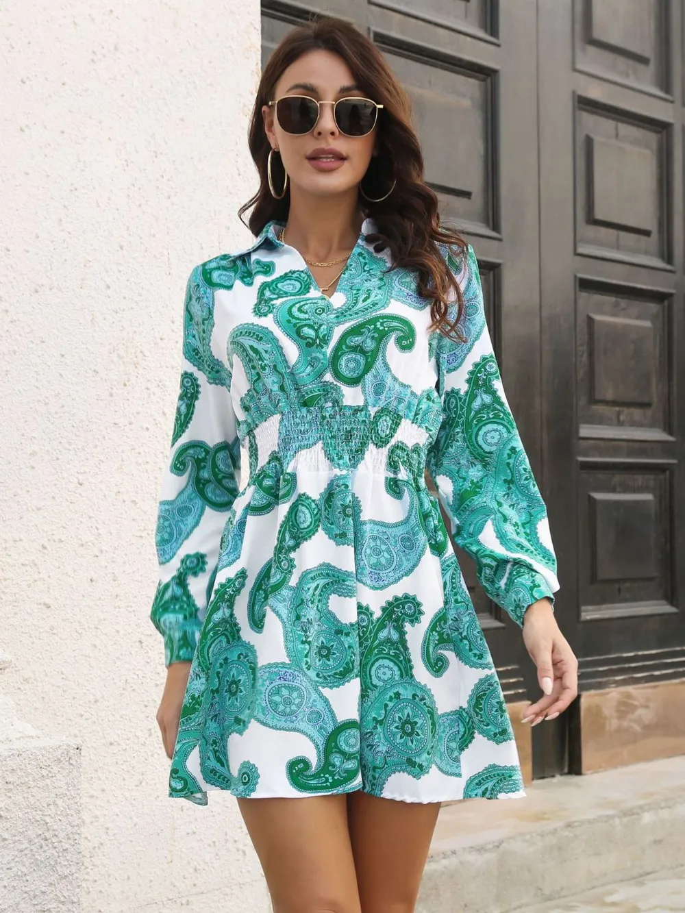 Paisley Print Johnny Collar Smocked Dress, image 4