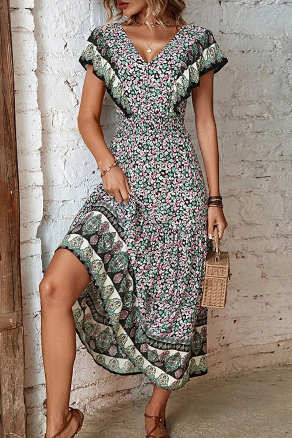Ditsy Floral Ruffled Plunge Dress, image 4