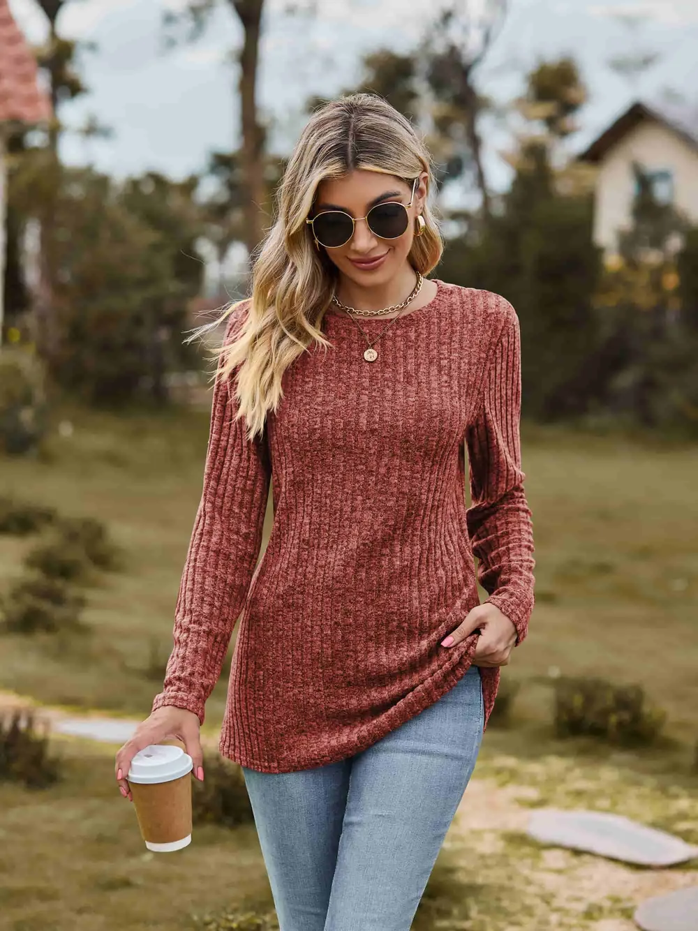 Ribbed Round Neck Long Sleeve Tee, image 6