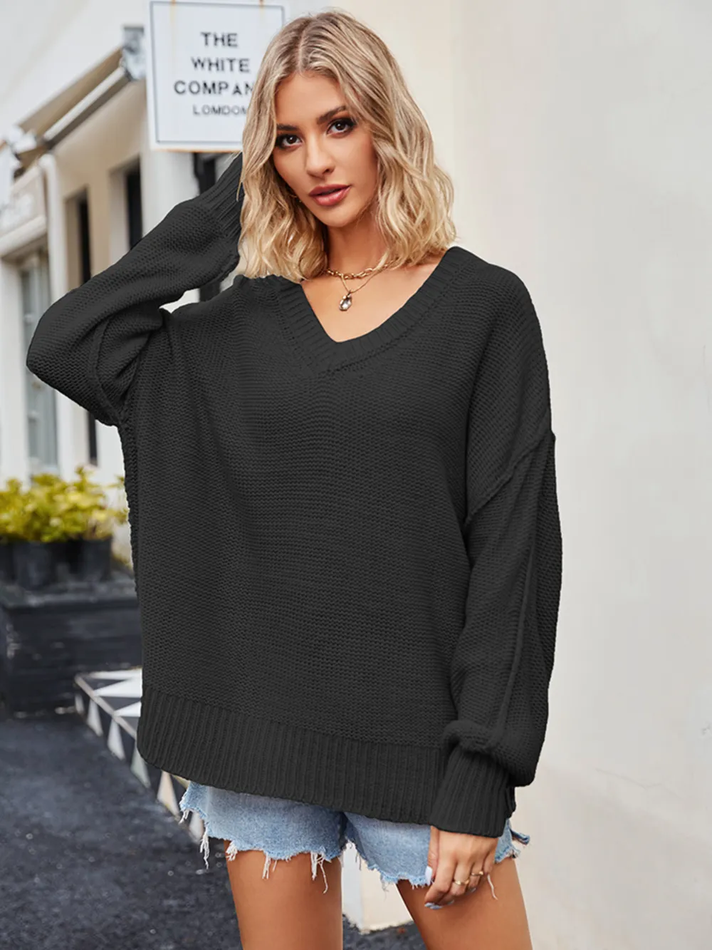 V-Neck Ribbed Dropped Shoulder Knit Top, image 6