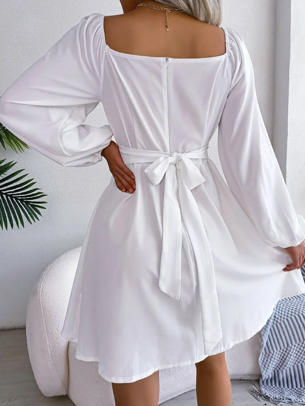 Tied Square Neck Balloon Sleeve Dress, image 13
