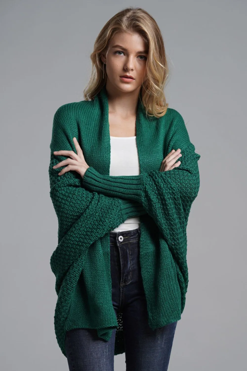 Dolman Sleeve Open Front Ribbed Trim Longline Cardigan, image 23