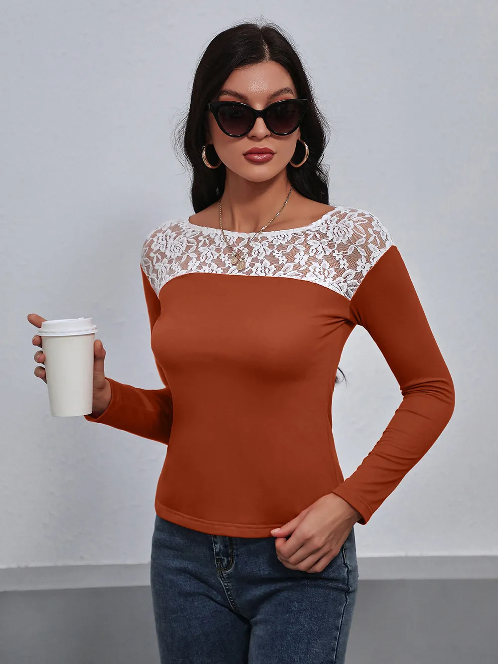 Lace Trim Long Sleeve Round Neck Tee, image 14
