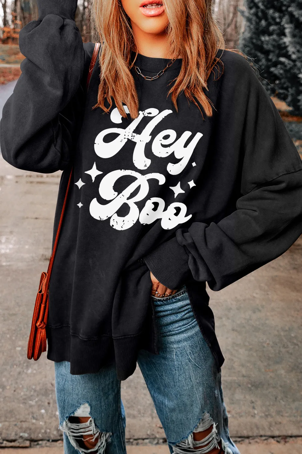 HEY BOO Graphic Round Neck Sweatshirt, image 3