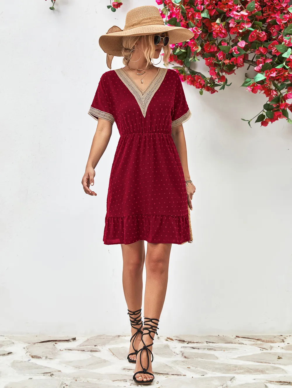 Contrast V-Neck Short Sleeve Mini Dress, image 10