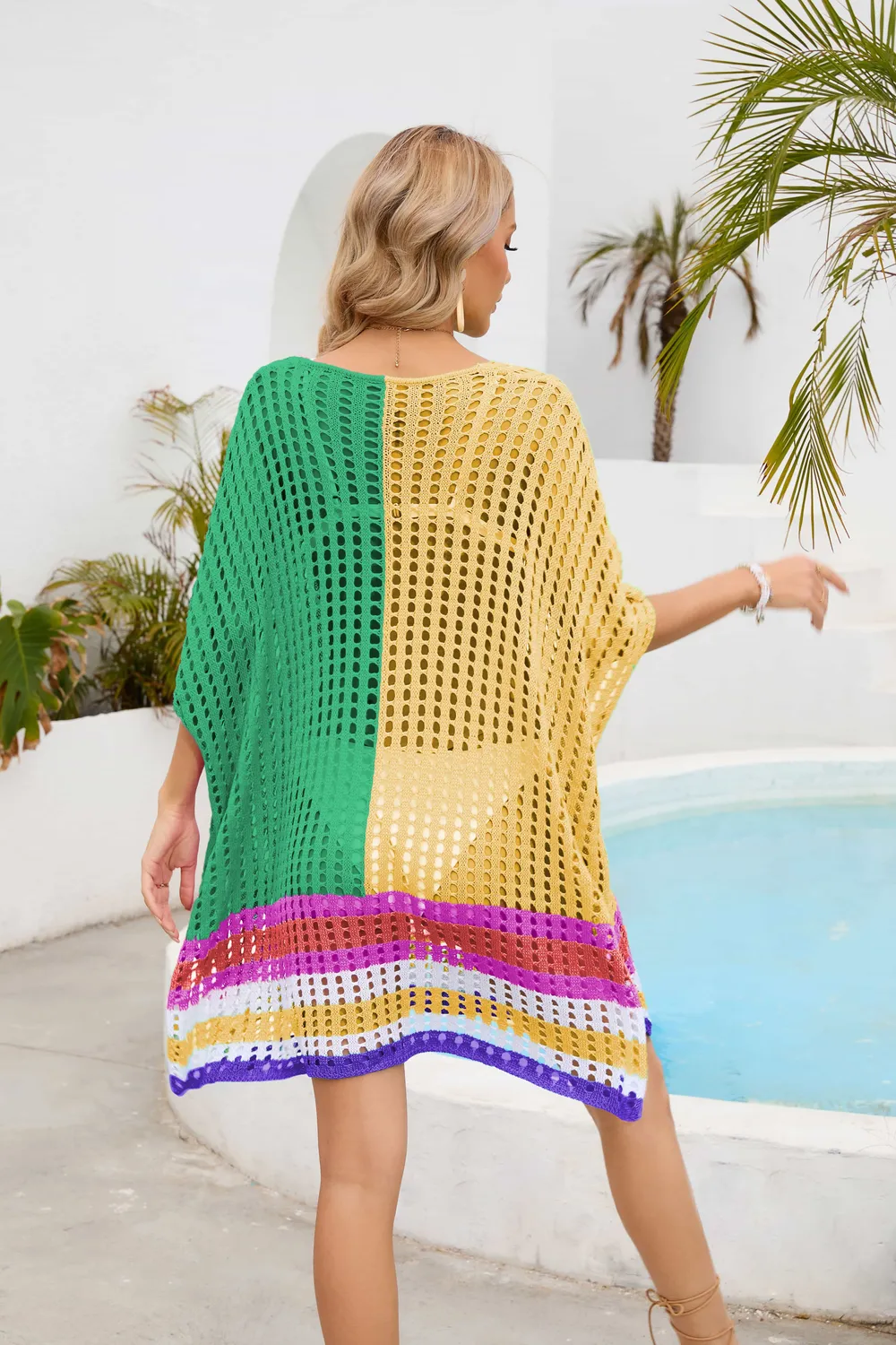 Contrast Scoop Neck Openwork Half Sleeve Cover Up, image 12