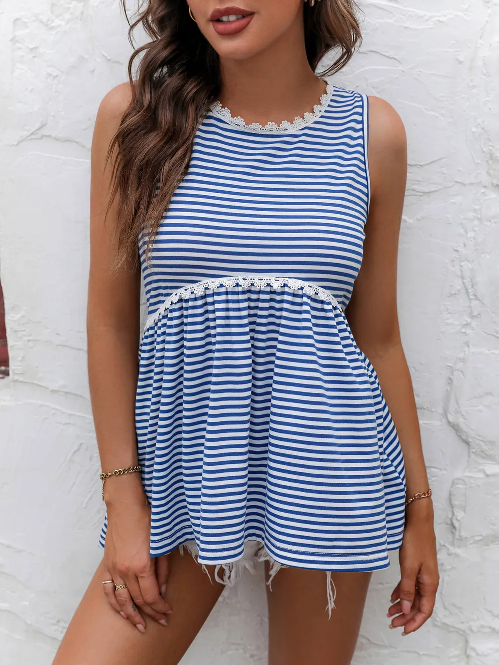 Striped Lace Trim Round Neck Tank, image 2