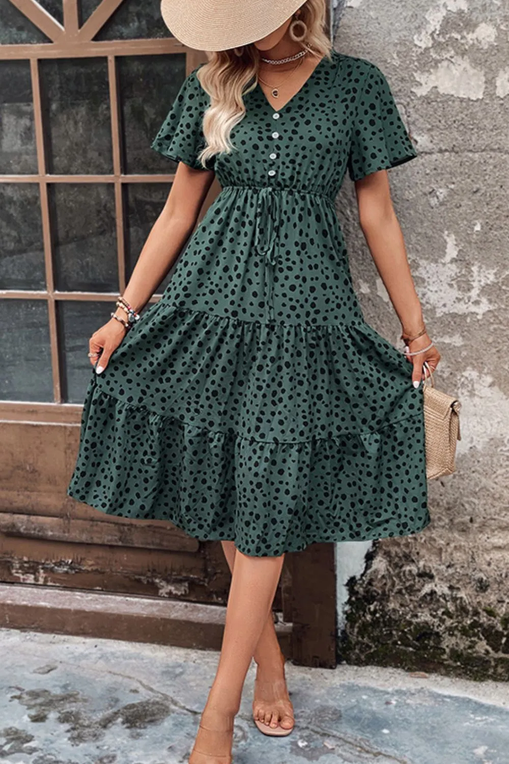 Printed Buttoned V-Neck Flutter Sleeve Dress, image 5
