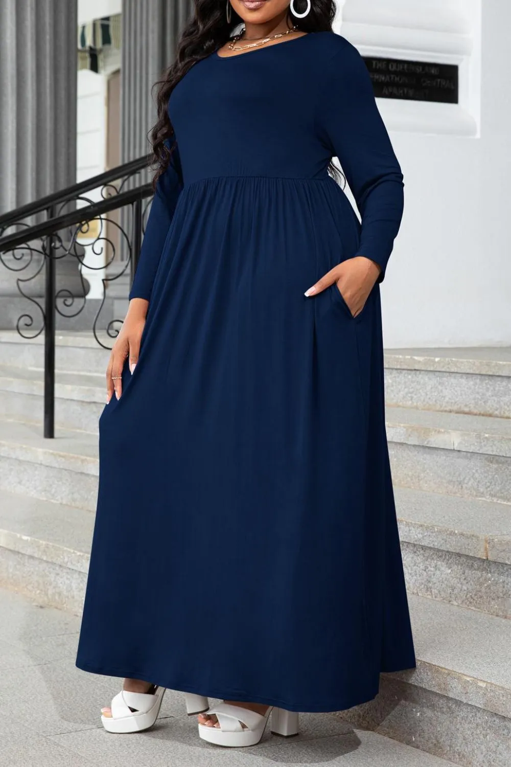 Plus Size Round Neck Long Sleeve Maxi Dress with Pockets, image 3