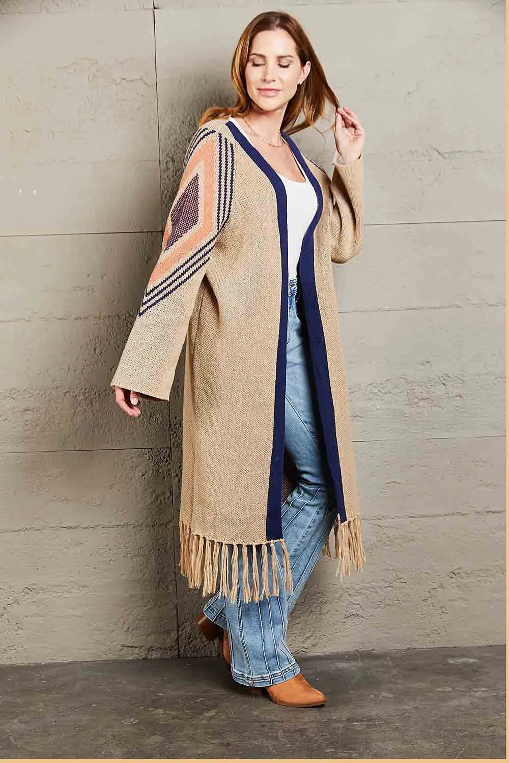 Geometric Fringe Hem Open Front Duster Cardigan, image 6