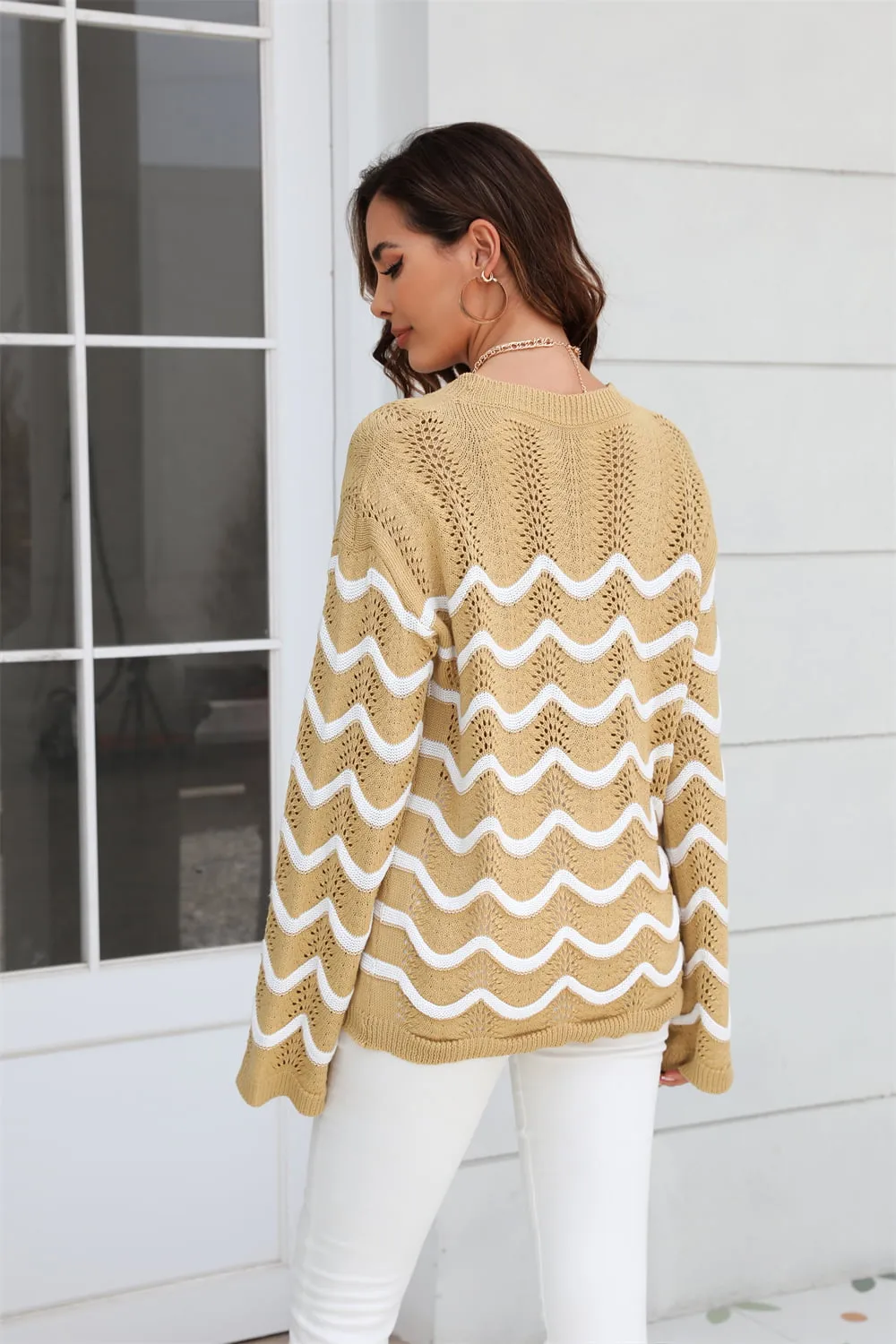 Wave Pattern Round Neck Long Sleeve Sweater, image 7