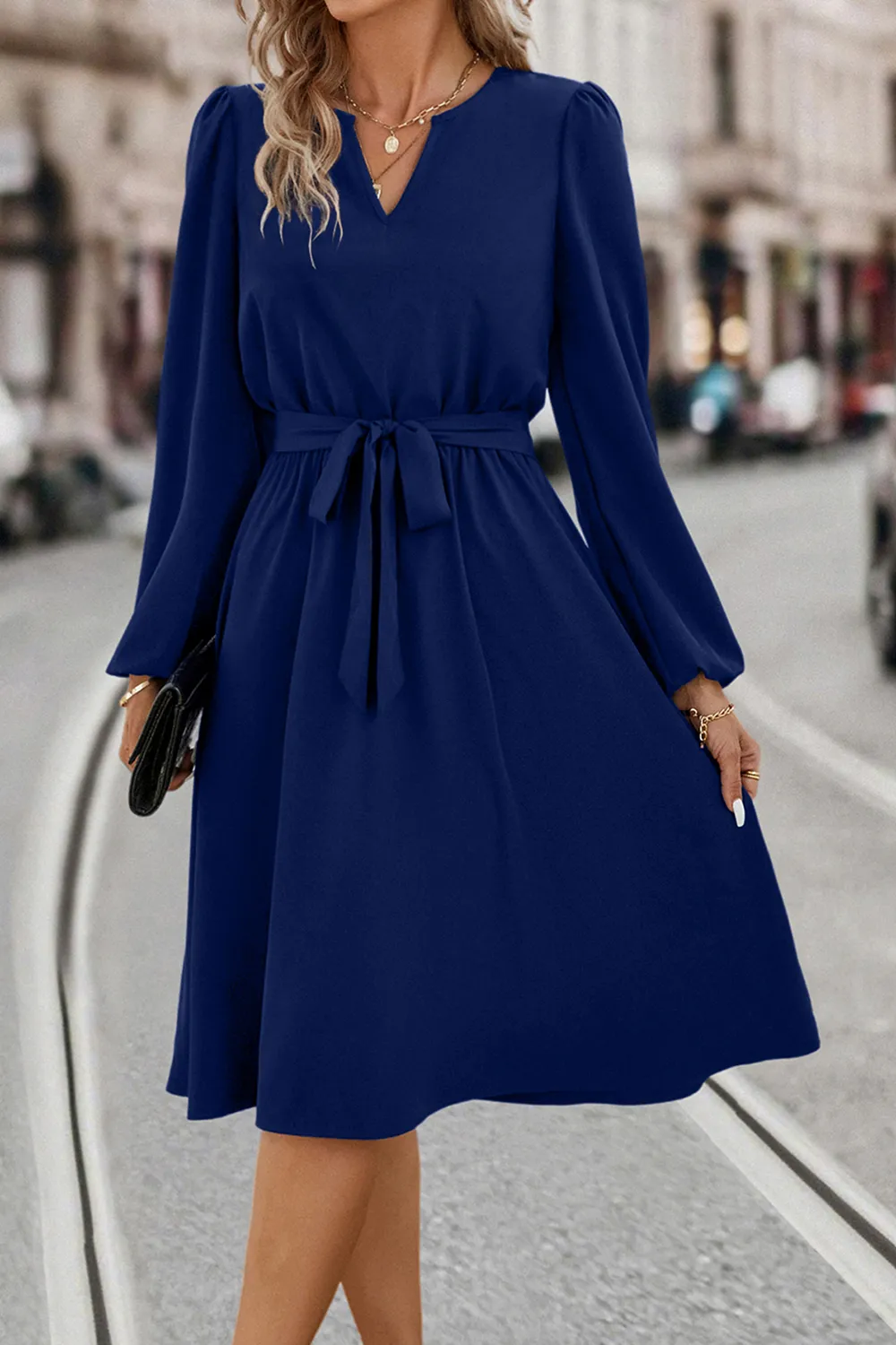 Tie Waist Notched Neck Long Sleeve Dress, image 9