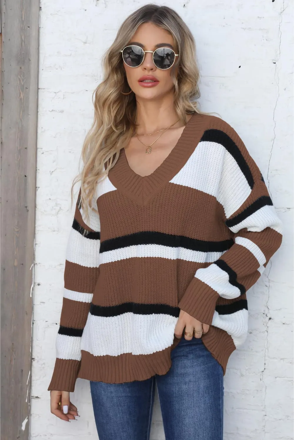 Color Block V-Neck Dropped Shoulder Sweater, image 16