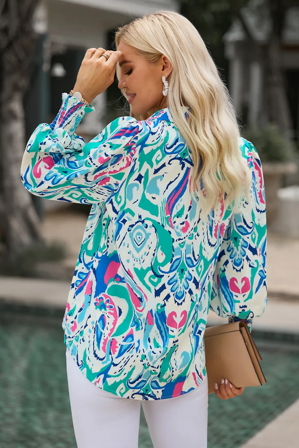 Printed Puff Sleeve Collared Blouse, image 9