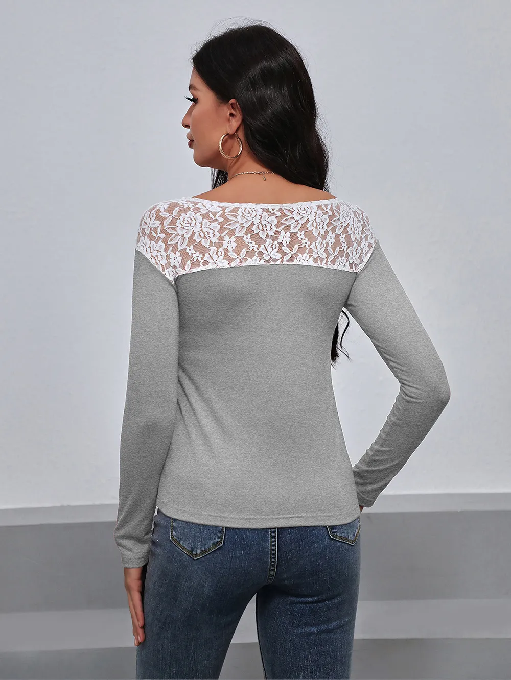 Lace Trim Long Sleeve Round Neck Tee, image 9