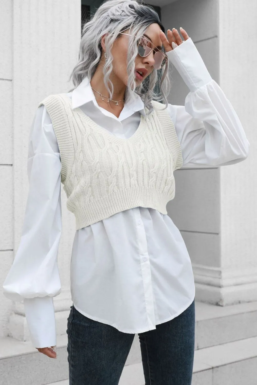 Cable-Knit Deep V Cropped Knit Vest, image 6