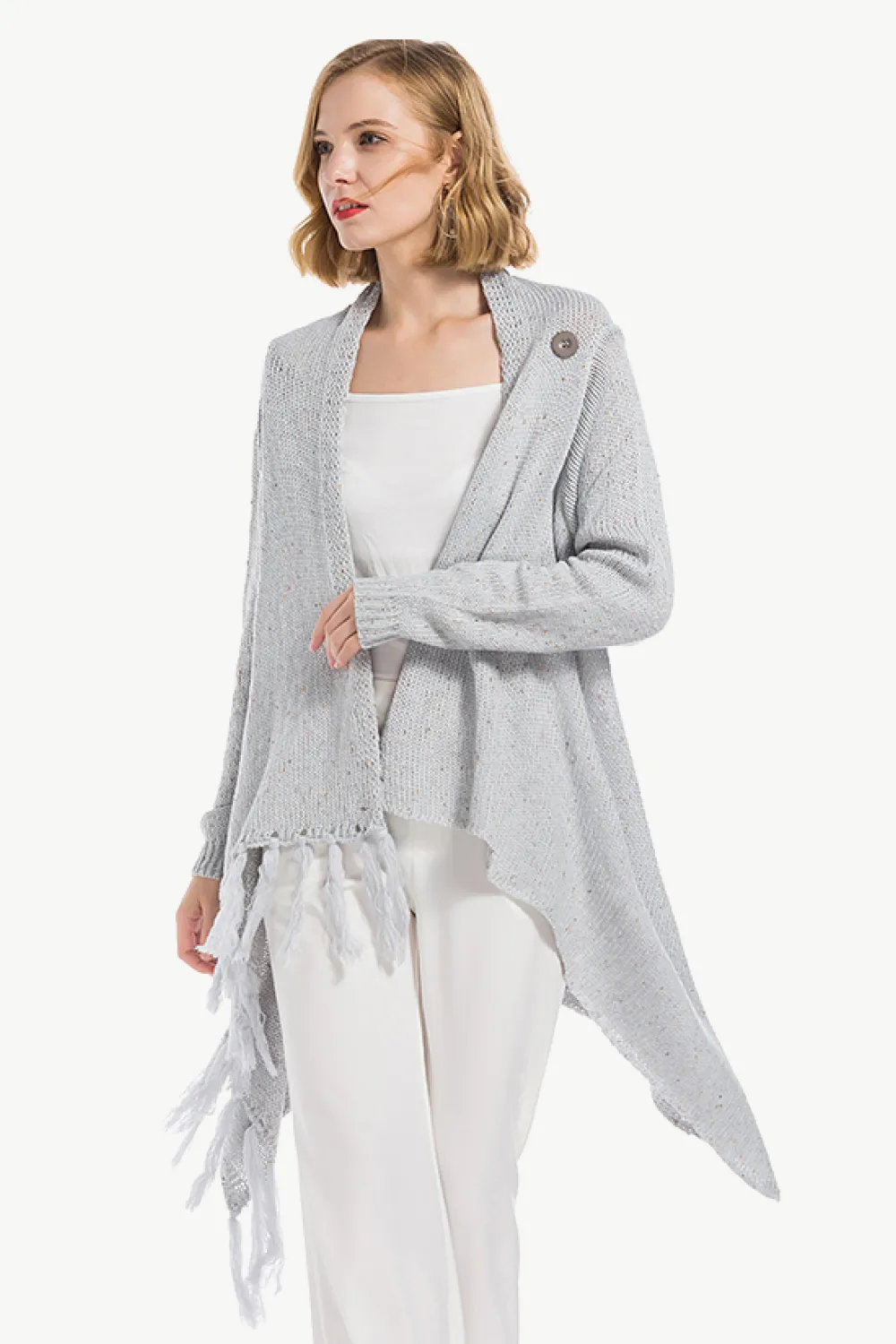 One-Button Tassel Tie Asymmetrical Hem Cardigan, image 12