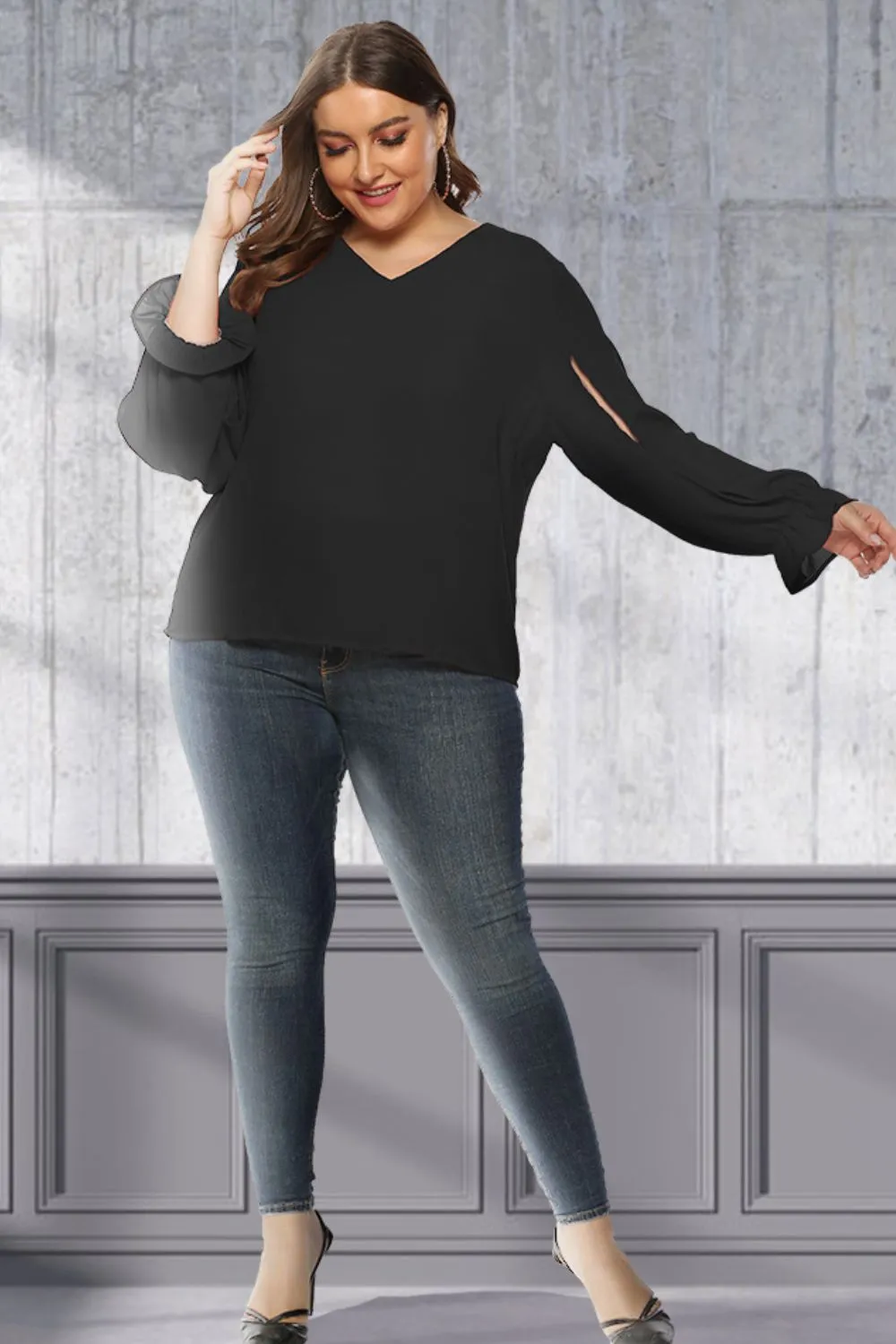 Plus Size Cutout Flounce Sleeve Blouse, image 3