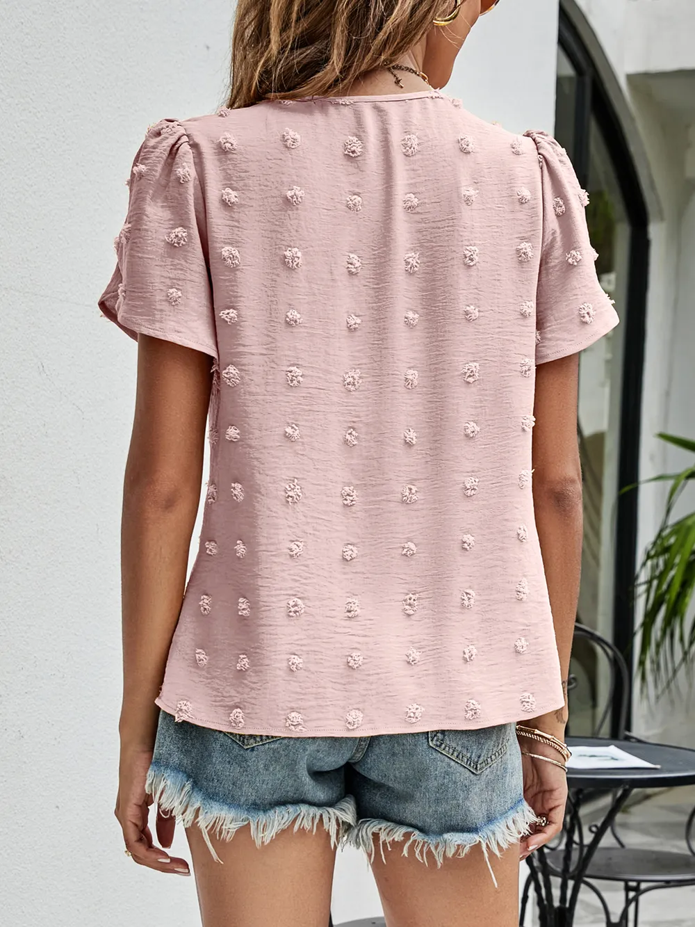 Swiss Dot Round Neck Petal Sleeve Top, image 7