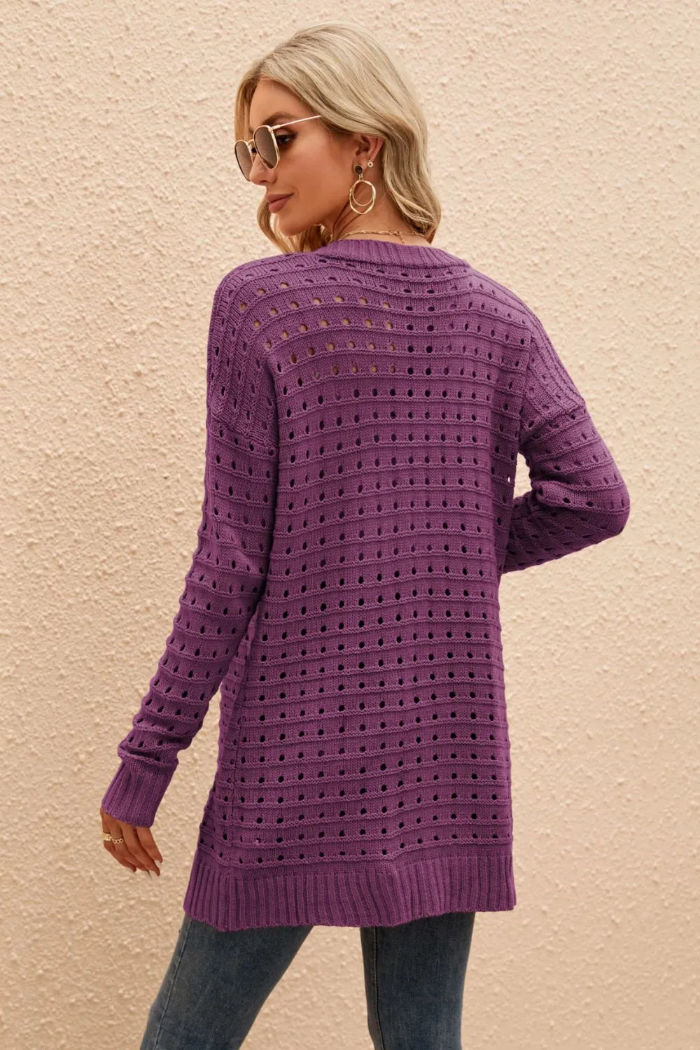 Openwork Horizontal Ribbing Open Front Cardigan, image 5