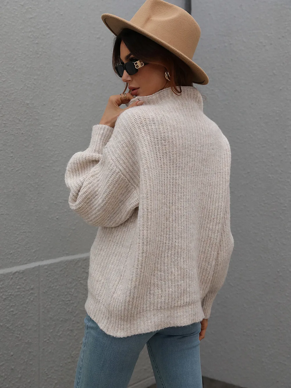 High Neck Balloon Sleeve Rib-Knit Pullover Sweater, image 20
