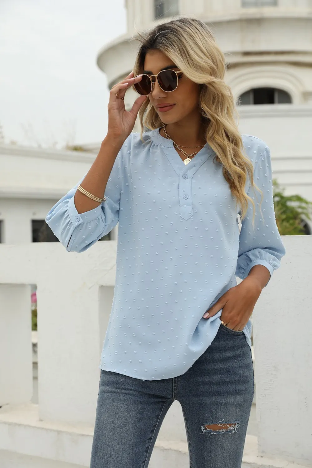 Swiss Dot Notched Neck Three-Quarter Sleeve Blouse, image 4