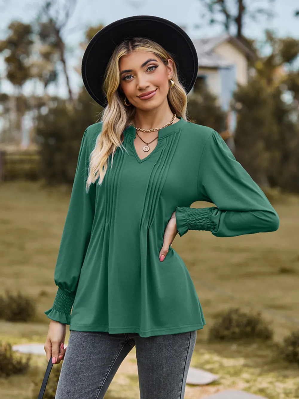 Notched Neck Flounce Sleeve Blouse, image 17