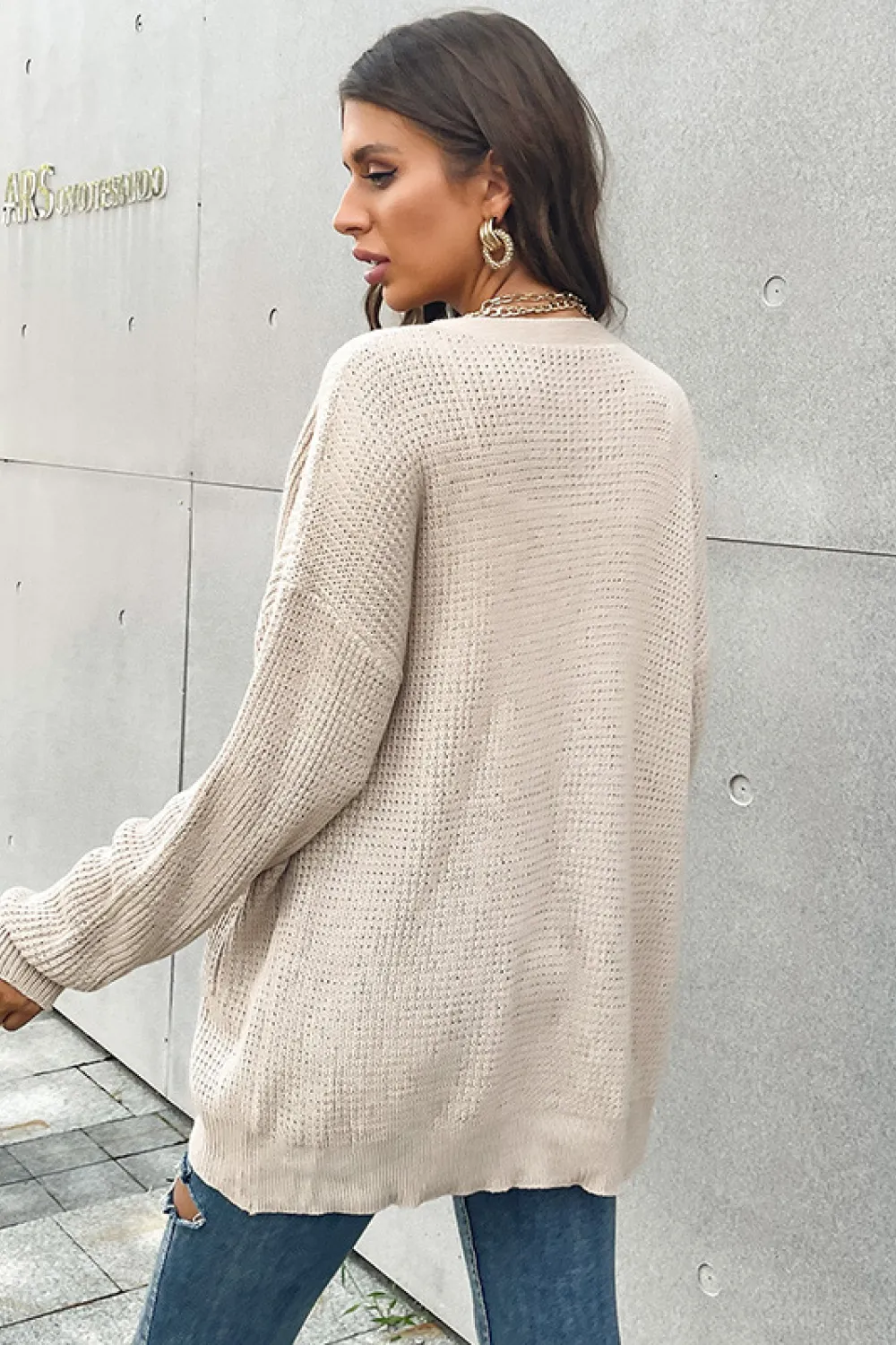 Button Front Drop Shoulder Waffle Cardigan, image 4