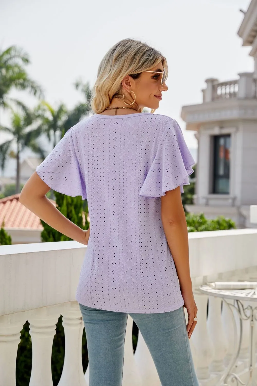 Eyelet Flutter Sleeve Round Neck Top, image 3
