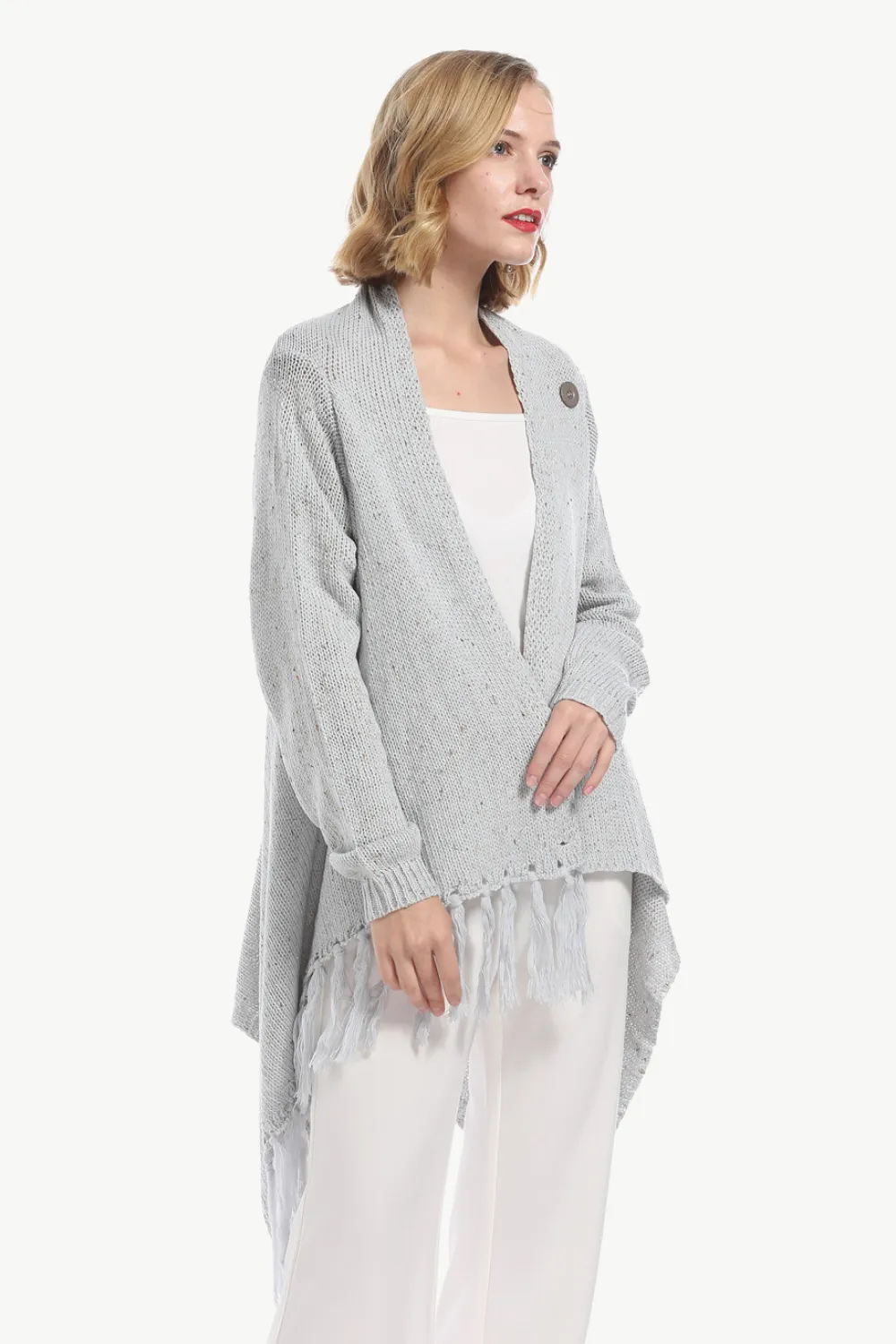 One-Button Tassel Tie Asymmetrical Hem Cardigan, image 14