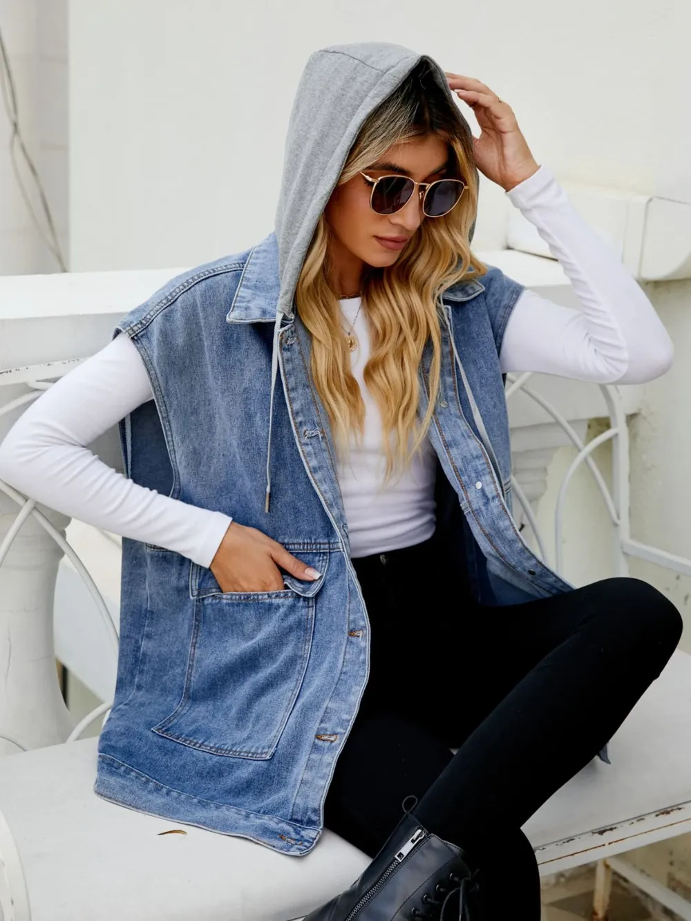 Hooded Sleeveless Denim Top with Pockets, image 9